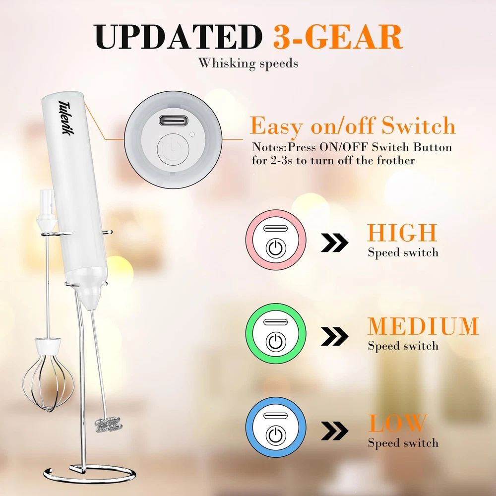 Milk Frother Handheld Electric Frother Wand With Stand Coffee Frother With US...