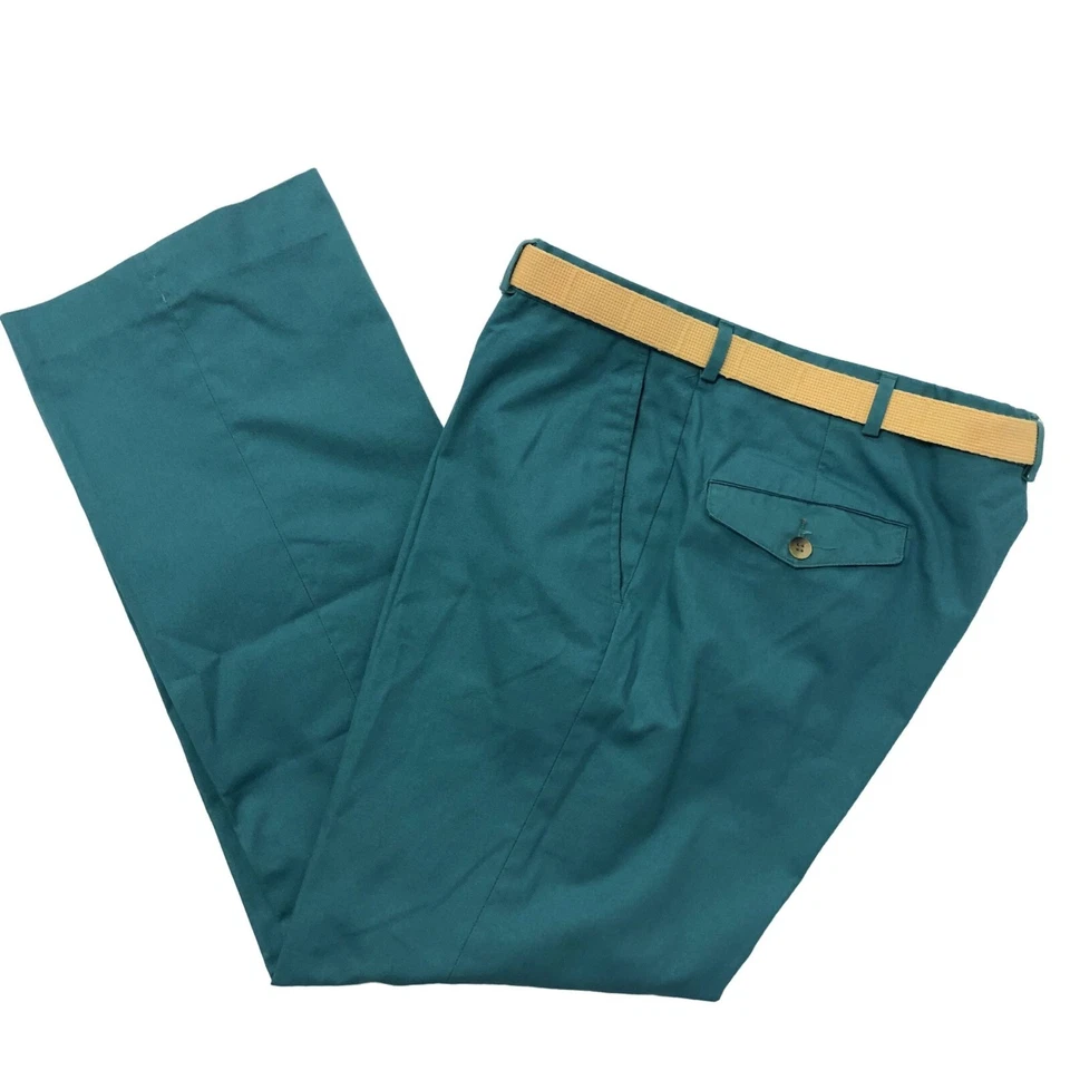 Vtg 80's Men's TURQUOISE USA Made MoD Belted GOLF Pants CASUAL Trousers 36 - Image 2 of 4