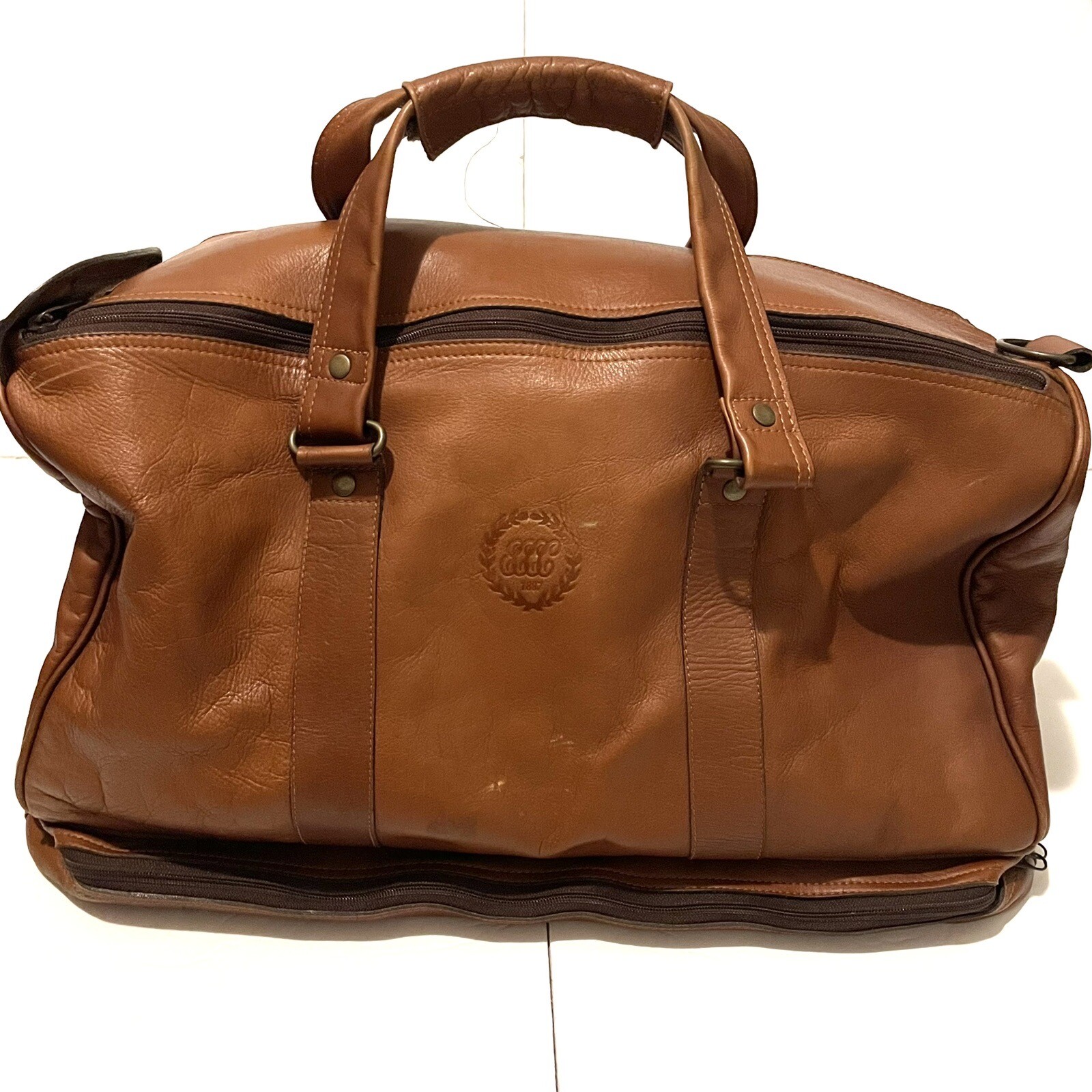 Vintage Brown Genuine Leather Luggage Duffel Travel Bag Made in Colombia-image