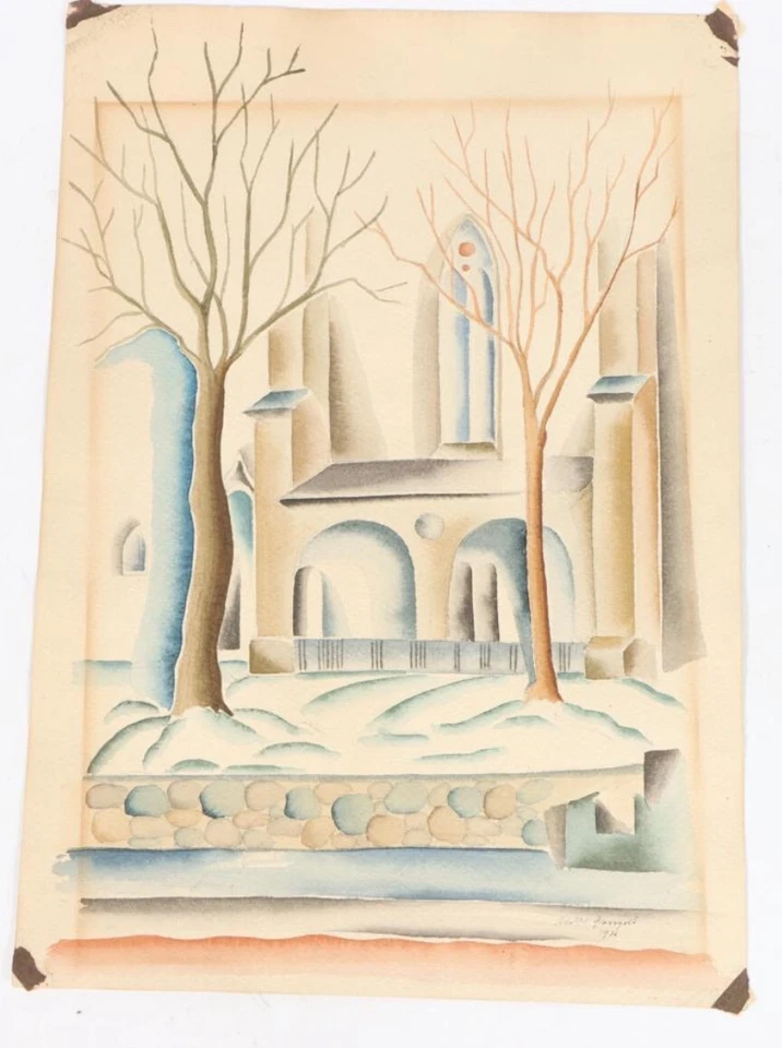 acuarela invierno catedral gótica, oro cristal 1926, original Foto 2 de 3