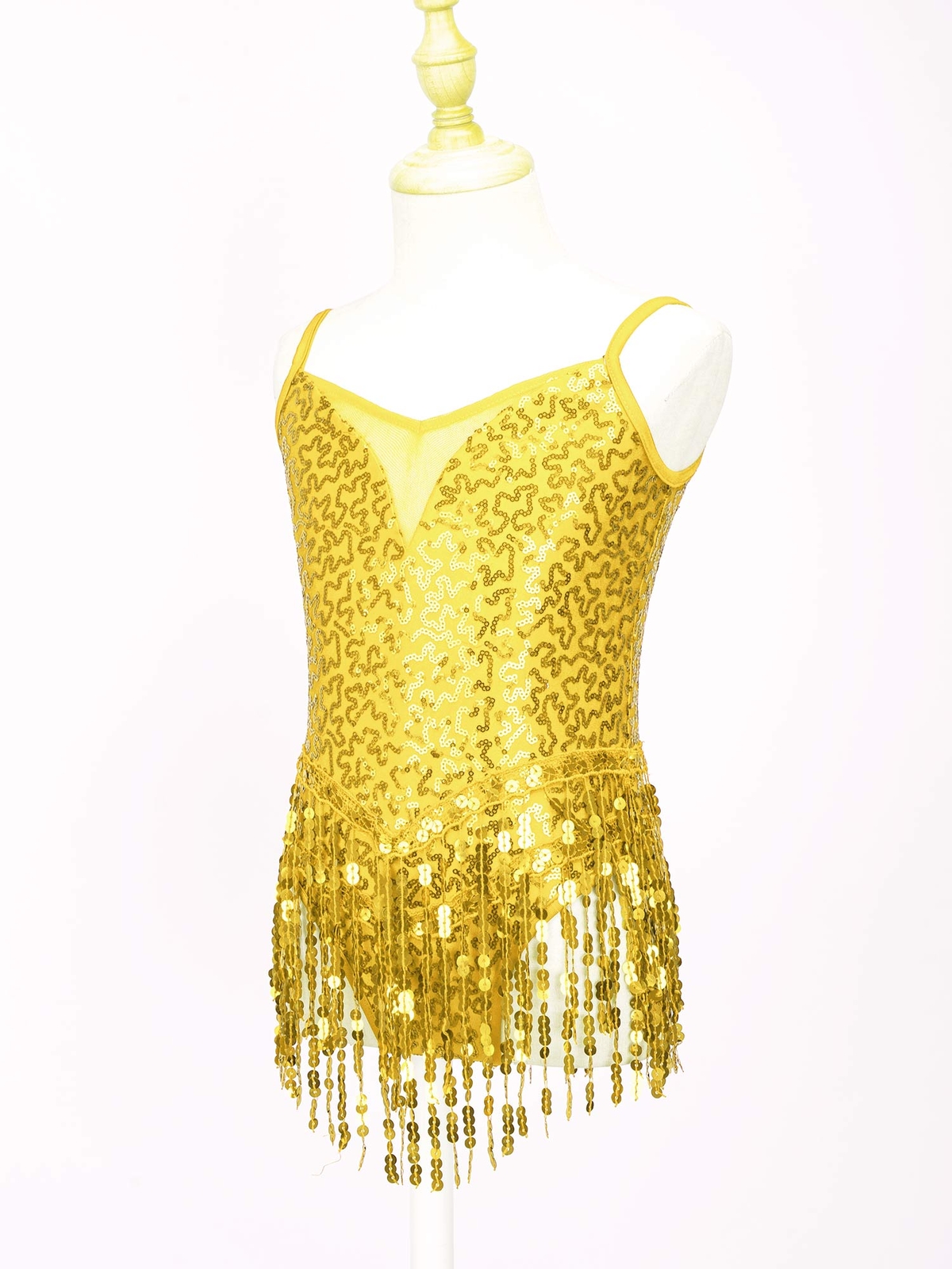 UK Girl Shiny Sequins Latin Dance Leotard Sleeveless Mesh Patchwork Tassel Dress