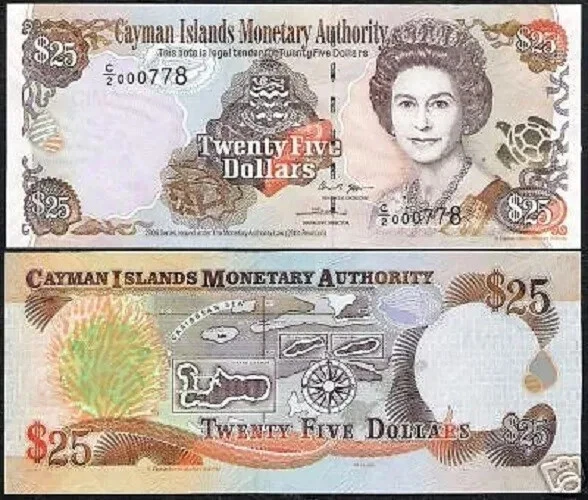Islas Caimán 25 DÓLARES P-36 2006 serie baja # UNC Queen Elizabeth♛ BILLETE DE BANCO Foto 3 de 4