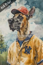 Dog Great Dane in retro baseball gear watercolor Art 4x6 Print