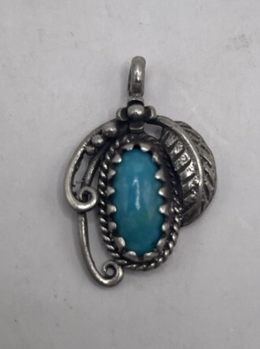 Vintage Sterling Silver 925 Turquoise Stone Leaf Motif Small Pendant (2.13g) - Picture 1 of 8