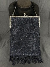 Vintage 1930s Iridescent Navy Bead Purse Silver Metal Frame And Chain Handle