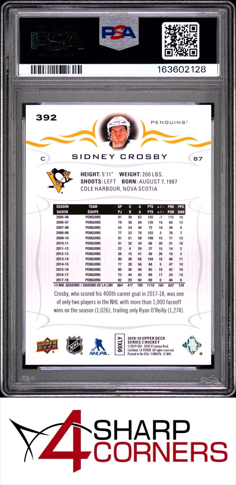 2018 UPPER DECK #392 SIDNEY CROSBY PENGUINS PSA 10 view 2