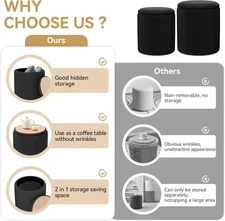 Round Pouf Footstool Upholstered 2pc Velvet Ottoman With Storage & Rest Dorm