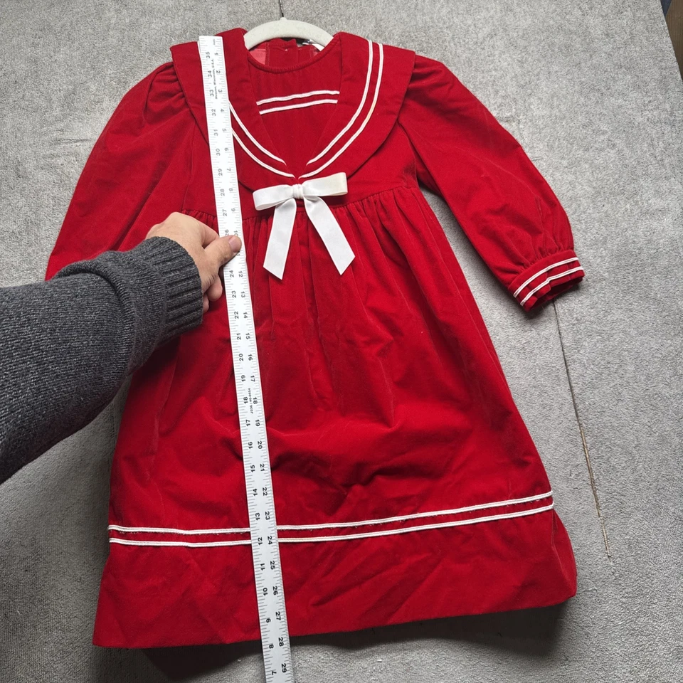 Vestido Marinero Rojo Años 90 Niñas 5-6 Terciopelo Vacaciones Borde Lazo Vintage Look Navidad Foto 4 de 4
