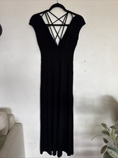 ASOS Long Black Open Back Dress Viscose Size 2 Petite Maxi Strappy Cocktail Slit