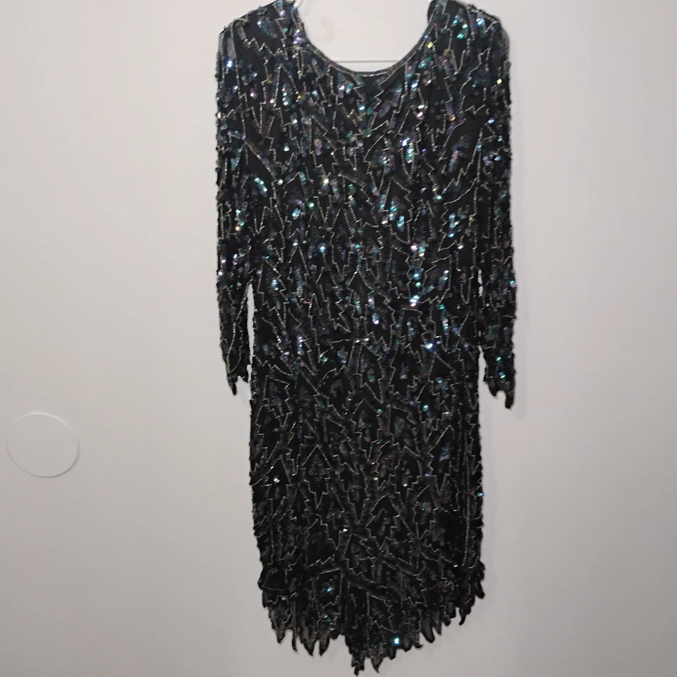 Vestido Vintage Lentejuelas Fiesta/Cóctel MIDI 100% Seda Gótico Sirena Años 90 Talla Med Foto 3 de 4