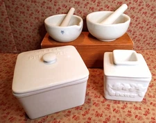 Lot Of White Kitchen Gadgets~2 Mortar and Pestle, Cheese Preserver, Butter Bell