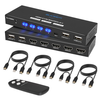 KVM Switch HDMI 4K@60Hz für 4 Computer 1 Monitor, USB 2.0 Tastatur Maus Kabel
