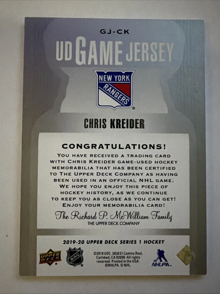 2019-20 Upper Deck - Ud Game Jersey Chris Kreider #GJ-CK (MEM) - Image 2 of 2