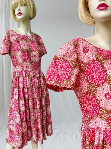 True Vintage 1950s Pink Floral Fit N Flare Cotton Dress - Classic Retro Style - Imagen 4 de 12