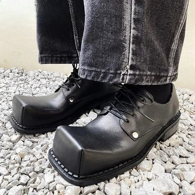 Square Toe Leather Derby Shoes Thick Sole Height Increasing Trendy Male Footwear