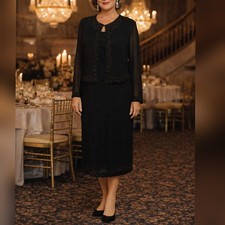 Scala Vintage 1990s Black Beaded Party Dress w/ Jacket Set size L NWT