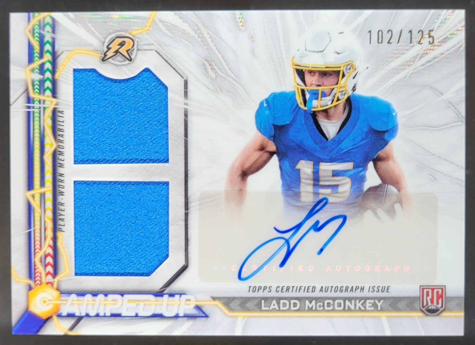 2024 Topps Resurgence Ladd McConkey Amped Up RC Patch Auto White Surge /125 NE