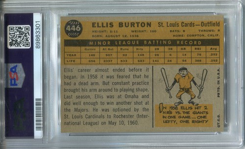 1960 Topps #446 Ellis Burton PSA 7 NM *High End* St. Louis Cardinals - Picture 2 of 2