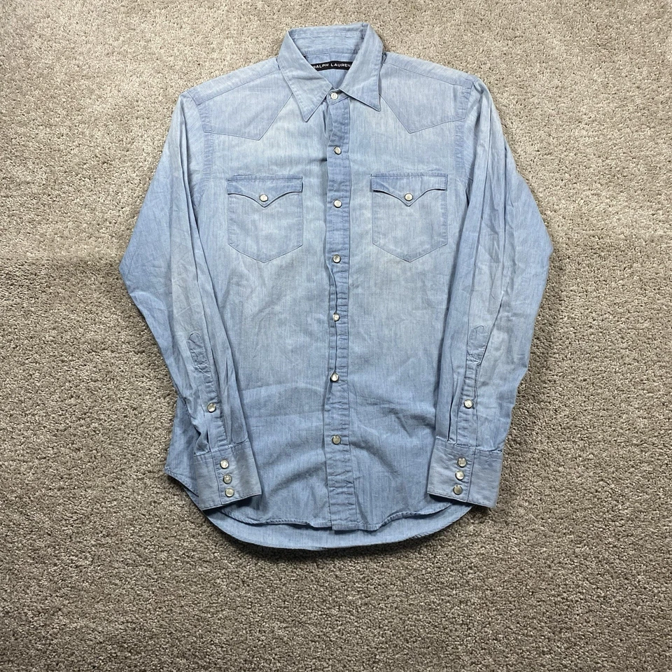 Ralph Lauren Chambray Western Pearl Snap Shirt Men's S Black Label Denim Blue - Image 2 of 4
