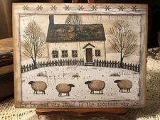 Winter Home, Sheep, Folk Art, Primitive, Handcrafted Artist Canvas  Board Sign 1
