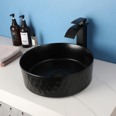 15'' Round Bathroom Vessel Sink Black Ceramic Basin Bowl Sinks Combo Faucet Drain