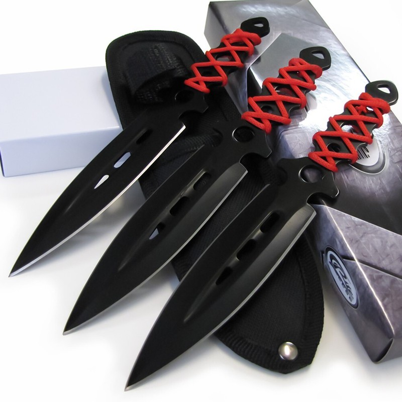 3pc 7 3/8" Throwing Knives Knife Set w/EyeCatching Red Cord Handles Doubled Edge