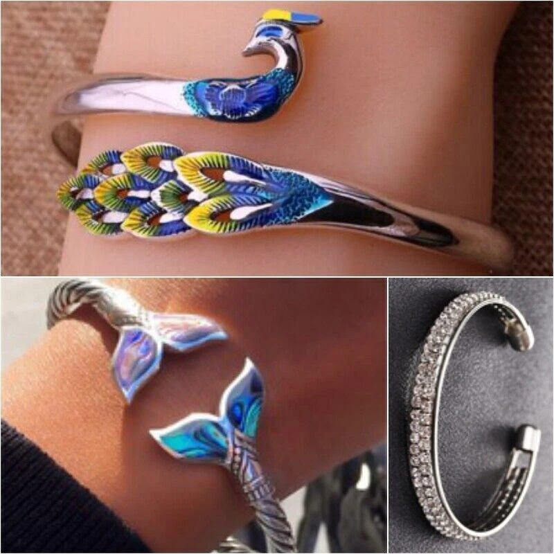 Fashion Women 925 Silver Peacock Bracelet Bangle Cuff Wedding Jewelry