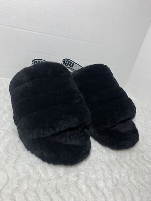 UGG Fluff Yeah Genuine Shearling Platform Slingback Sandal Slide Black Women 6.5