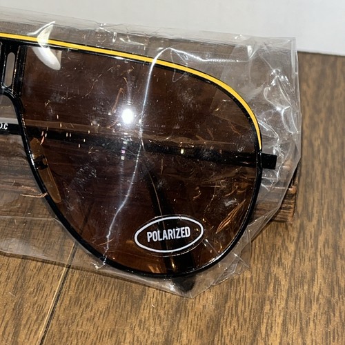 New Vintage 80s ROC Taiwan Polarized Aviator Black Frame w/Ylw Stripe Sunglasses - Picture 2 of 4