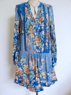 Anthropologie Tiny Gaina Tunic Shift Dress S Blue Floral Lace Trim Drop  Waist | eBay