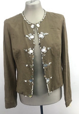 Georges Rech Jacket Khaki 100% Linen Mop Beaded Open Edge Lined - Size Uk 12