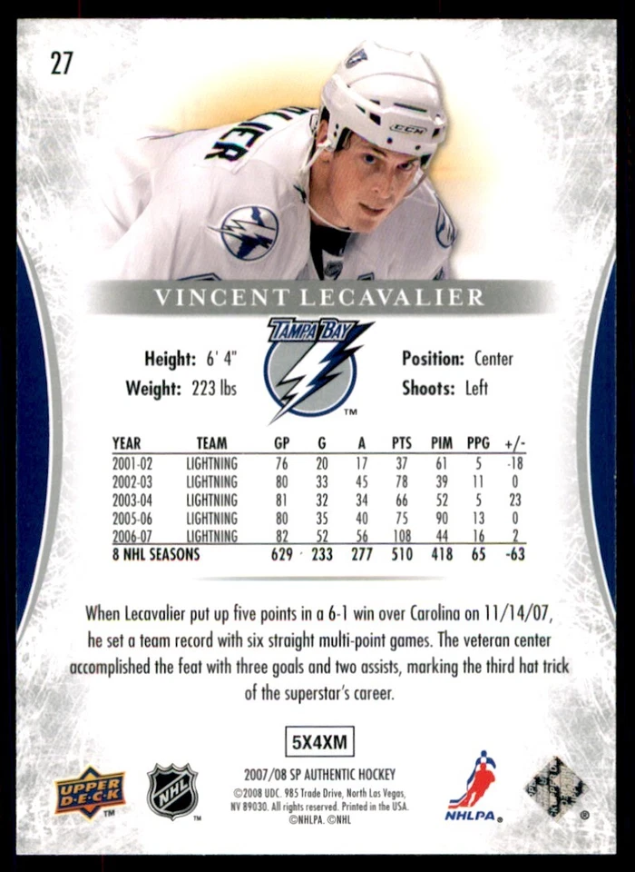 2007-08 SP Authentic Vincent Lecavalier #27 - Image 2 of 2