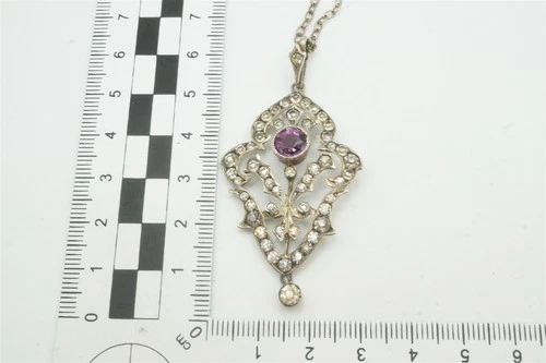 ANTIQUE SILVER AMETHYST PASTE PENDANT / LAVALIERE c1910