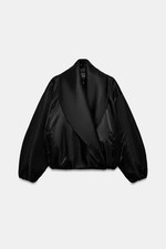 ZARA WOMEN ZW Collection Quilted Bomber Jacket Black Satin Coat  3548/054