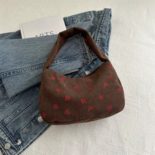 Women Small Corduroy Handbag Cute Strawberry Print Little Tote Underarm Bag Half