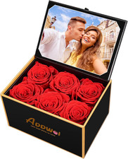 6 Preserved Red Roses Gift Box with 4X6 Photo Frame, Gift for Women