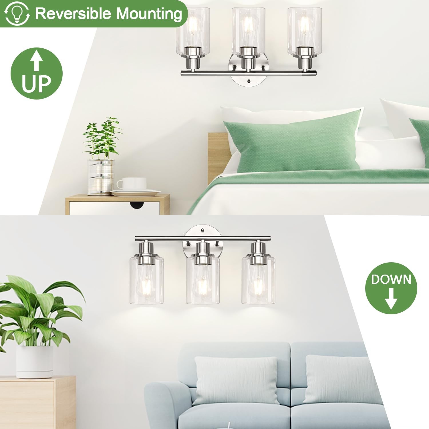 3-Light Bathroom Light Fixtures, Brushed Nickel Vanity Light, Farmhouse Wall ...