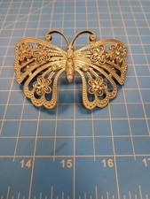 Vintage Style Butterfly Hair Clip Barrette Silver Tone Rhinestone Filigree Large