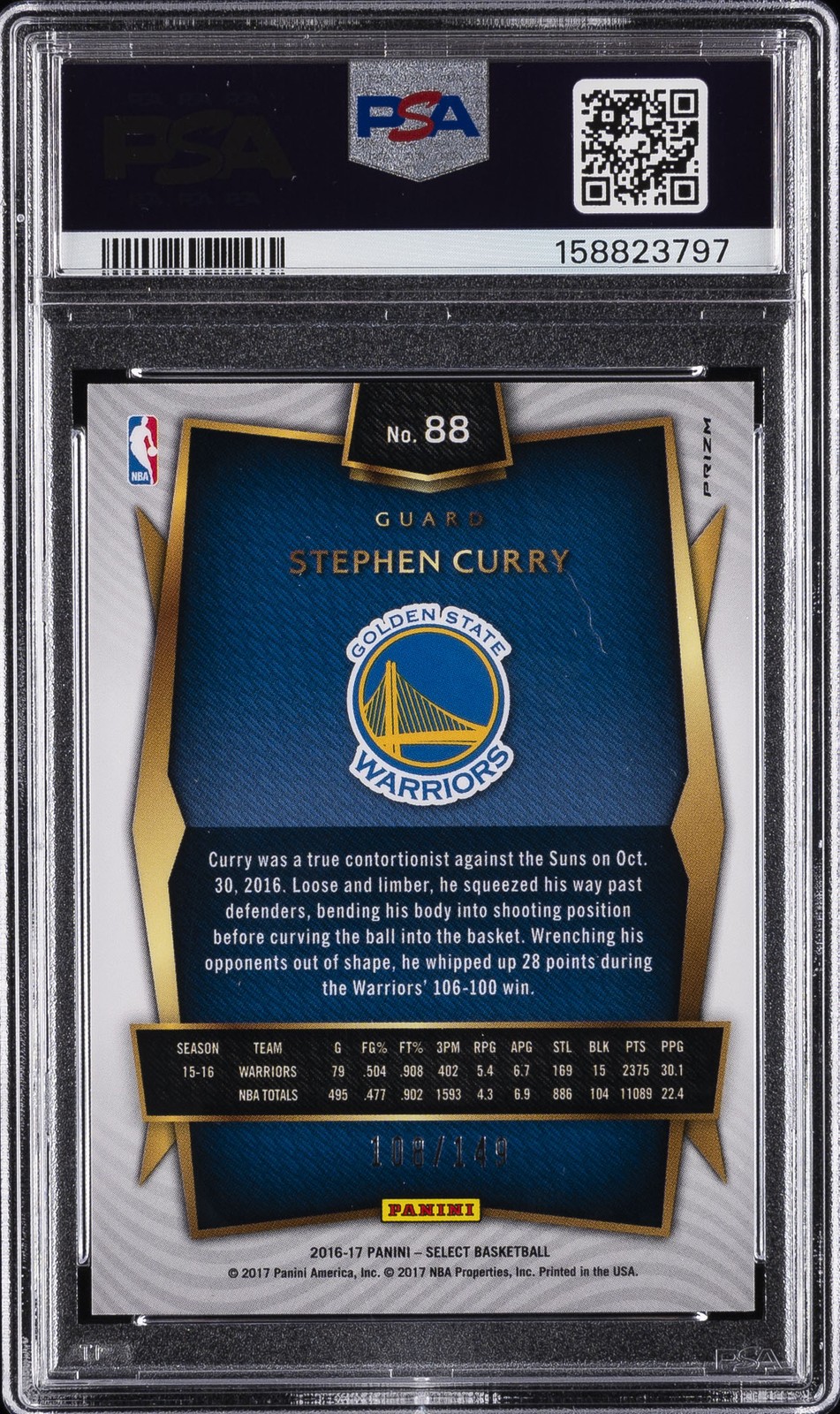 2016 PANINI SELECT WHITE PRIZM #88 STEPHEN CURRY 108/149 PSA 9 view 2