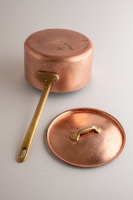 Vintage French Copper Saucepan Brass Handle Lid Tin Lined 6'' Heavy 1mm Thick