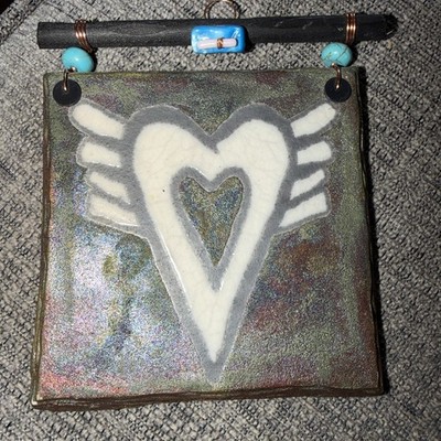 Jeremy Diller Raku Pottery Iridescent Dreamcatcher Heart With Wings Boho Tile