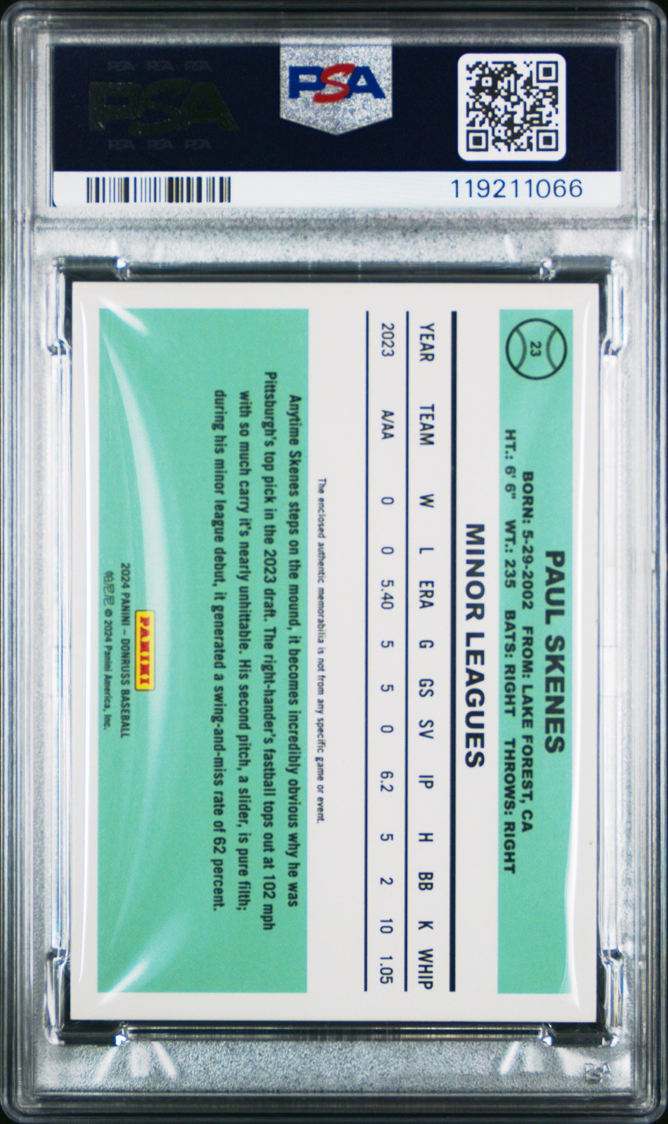 2024 PANINI DONRUSS RETRO 1984 MATERIALS BLUE ICE #23 PAUL SKENES ROOKIE PSA 5 view 2