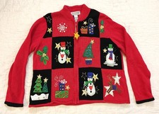 Vintage Tiara Christmas Cardigan Sweater XL Snowman Ugly Tree Sequins Zip Front
