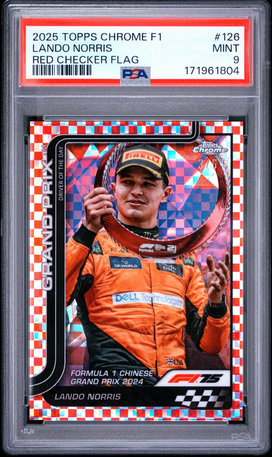 2025 TOPPS CHROME FORMULA 1 RED CHECKER FLAG #126 LANDO NORRIS 3/5 PSA 9