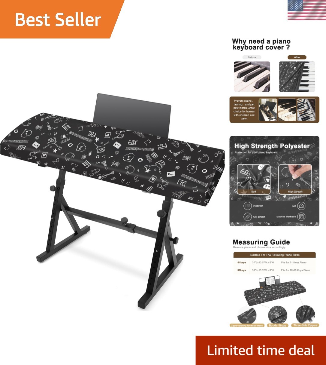 Adjustable 61 Keys Piano Cover with Elastic Hem - Stylish Music Stand Opening