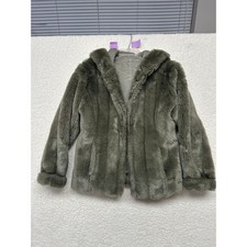 Womens Hooded Faux Fur Jacket Olive Green Full Zip Plush Coat SM/MED