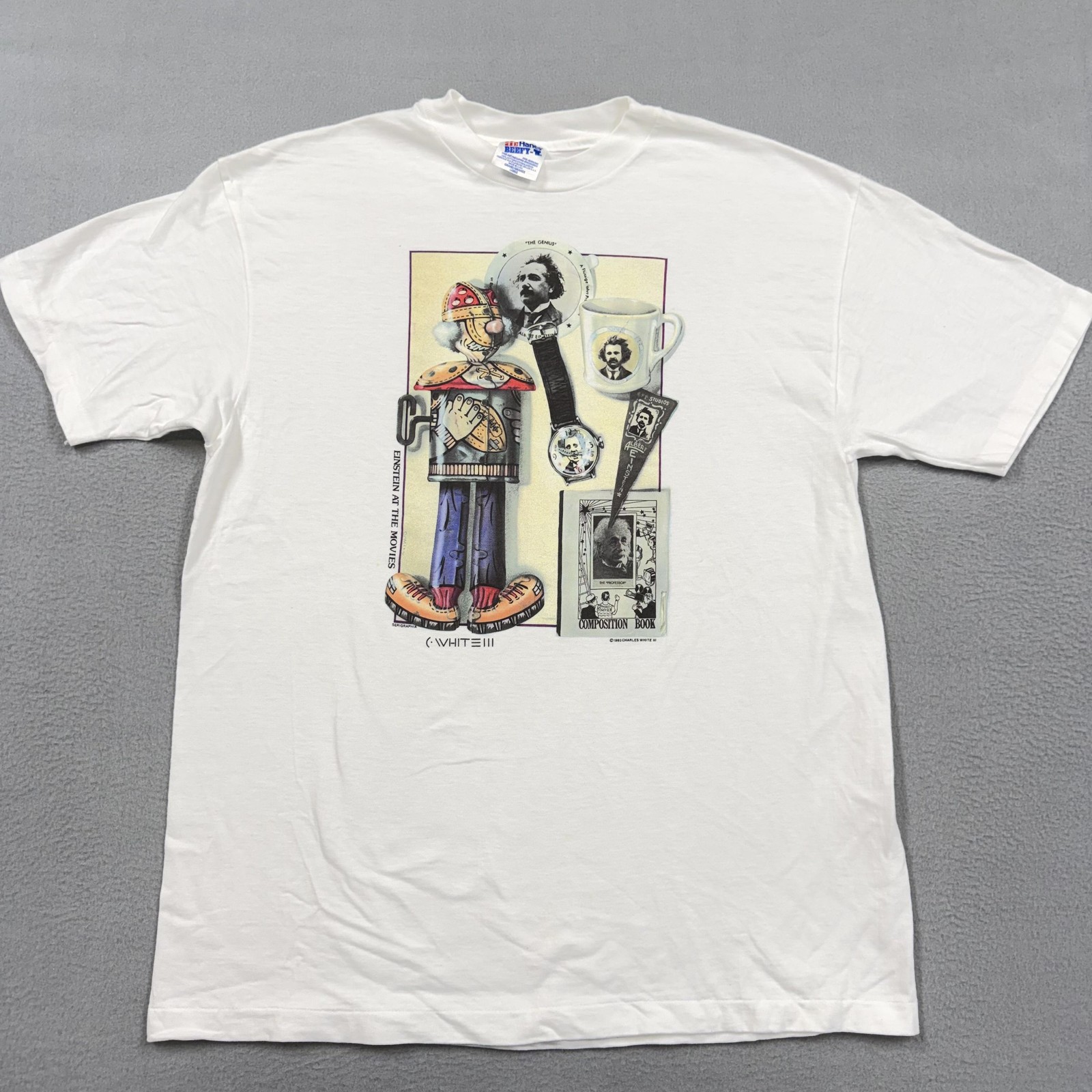 Vintage Einstein At The Movies Shirt Mens Large White Hanes Beefy-T 90s