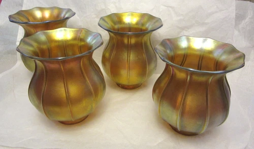 4 Signed STEUBEN Hand Blown Art Glass GOLD AURENE Lamp Chandelier Shades