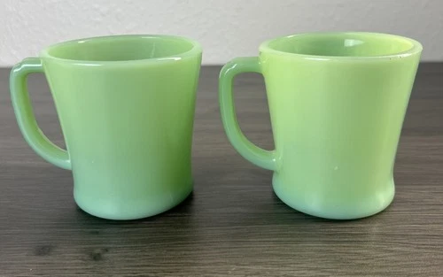 Vintage Fire King Jadeite Coffee Mugs D Handle Set of 2 Oven Ware Mold Seams MCM