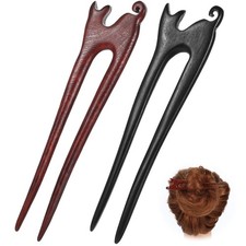 2Pcs U Shape Wooden Hair Sticks Handmade Carved Wood French Hair Forks with C...